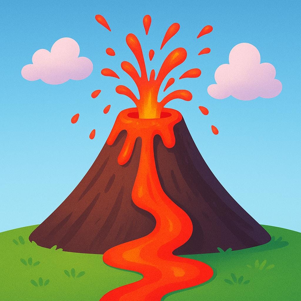 A simple storybook illustration of a small volcano actively erupting, showing lava flowing down its side, illustrating action in progress.