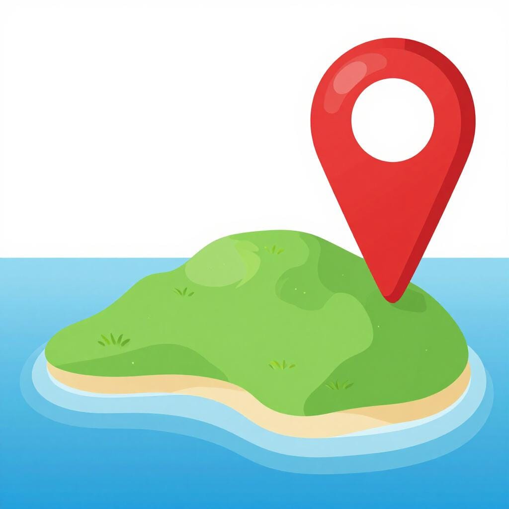 Um mapa de uma região costeira com um pino vermelho brilhante marcando o canto superior direito da terra.