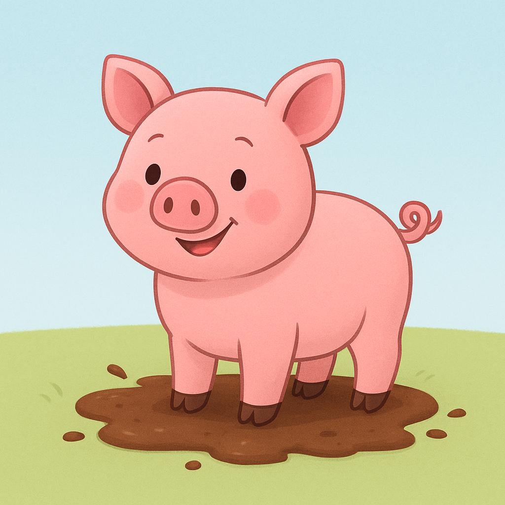 A happy, pink farm pig standing in a small patch of mud on a sunny day.