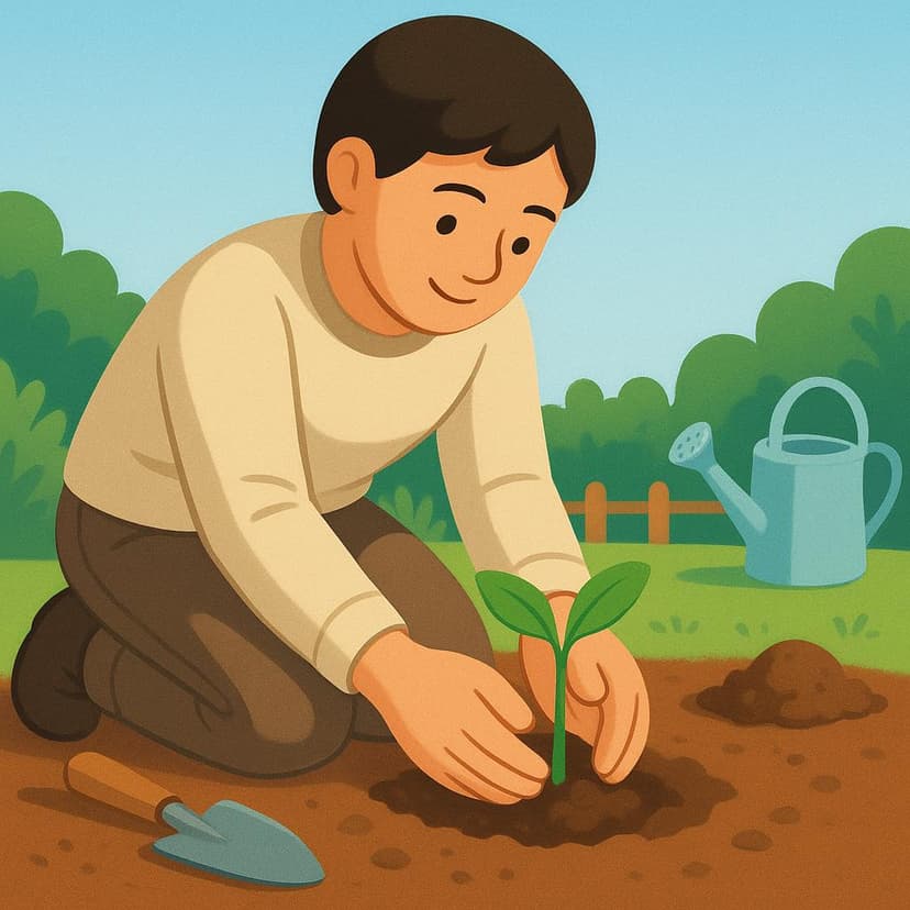 An illustration of a person outdoors, using their hands to place a tiny plant seedling into the dirt.