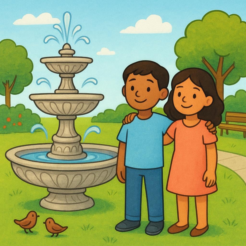 Two smiling friends are standing together in a brightly lit city square next to a decorative stone fountain, showing their location.