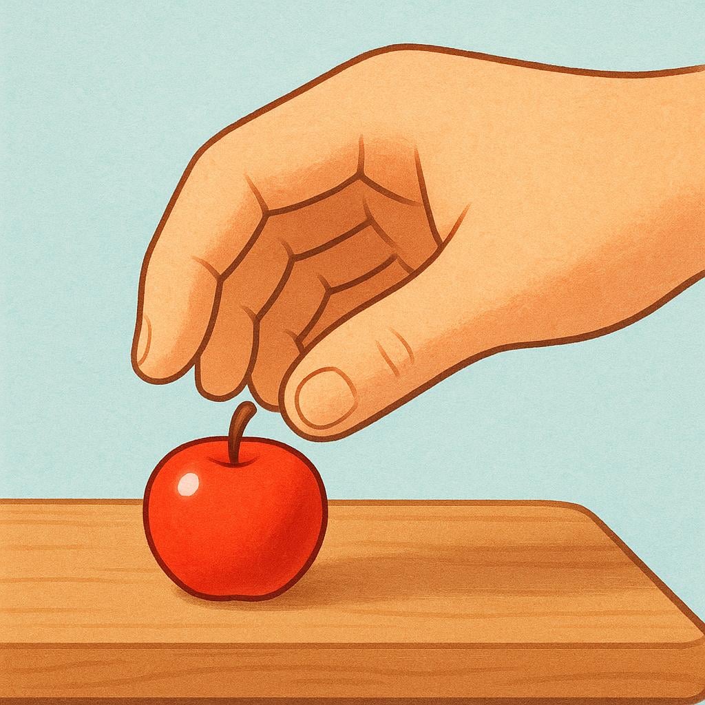 A close-up view of a hand lifting a bright red apple off a simple wooden table, illustrating the action of taking something.