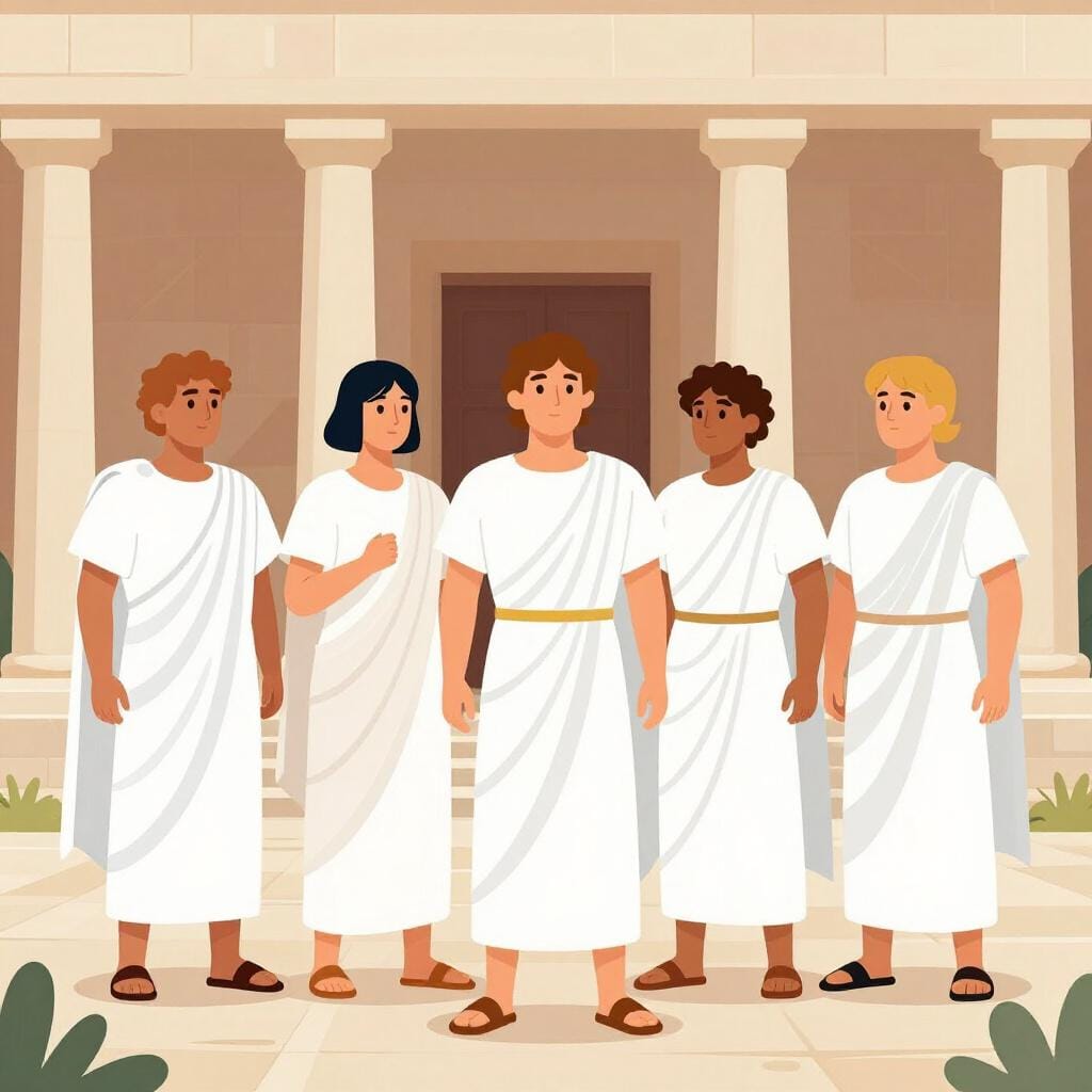 A group of ancient Romans in white togas gathered in a stone square.