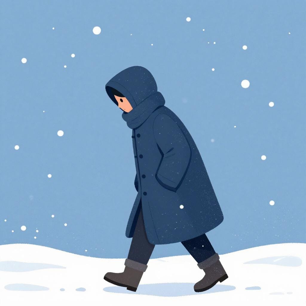 A small figure walking against a strong, icy blue wind storm.