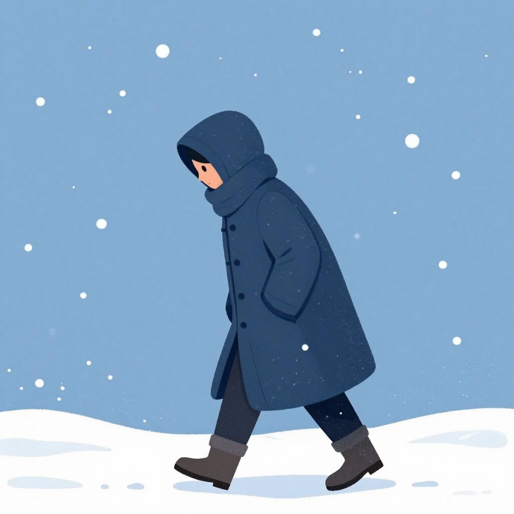 A small figure walking against a strong, icy blue wind storm.