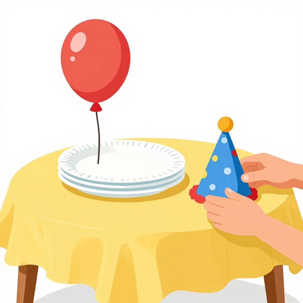A wooden table with a colorful tablecloth, paper plates, and a half-inflated balloon being prepared for a party.