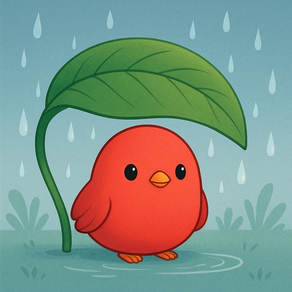 A small, bright red bird sitting safely under a large, green leaf while raindrops fall around it.