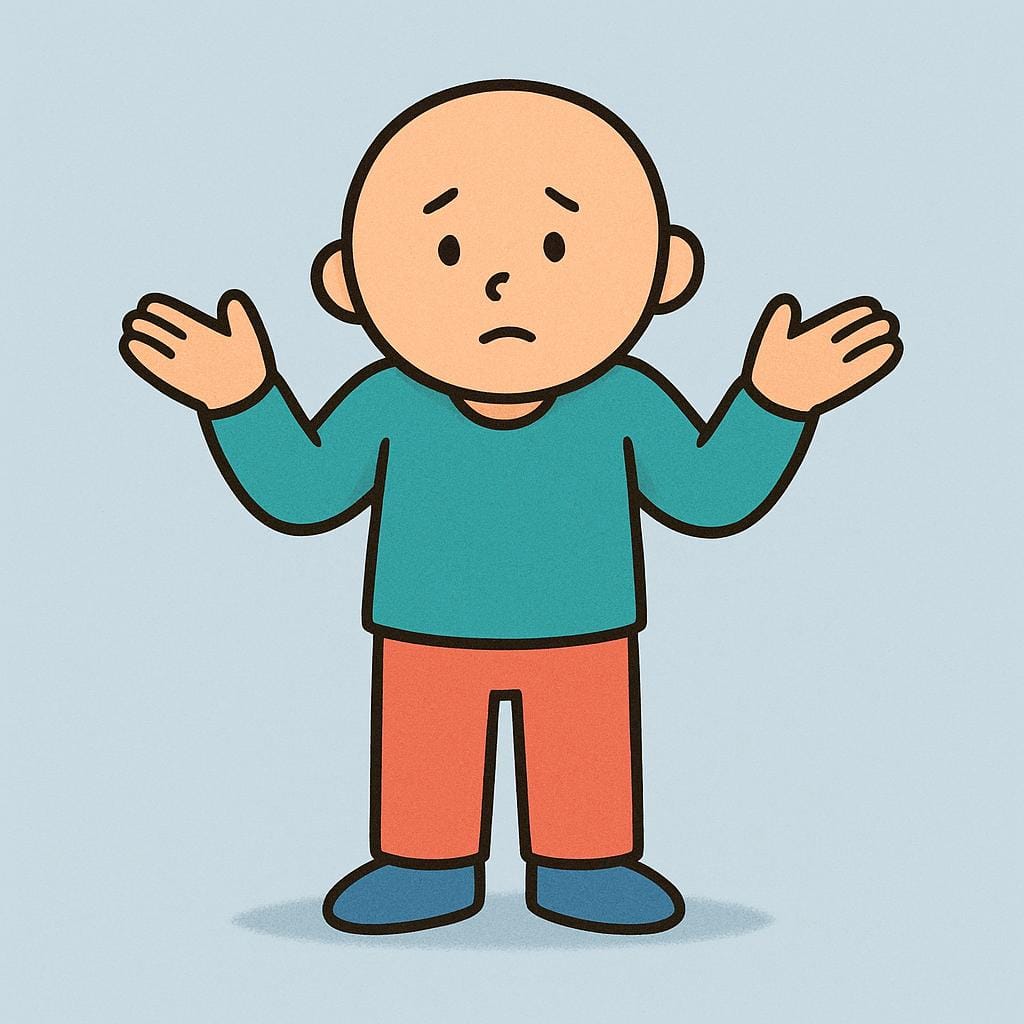 A simplified cartoon figure standing with both arms raised, palms open and facing forward, shrugging emphatically in a gesture of absolute emptiness and denial.