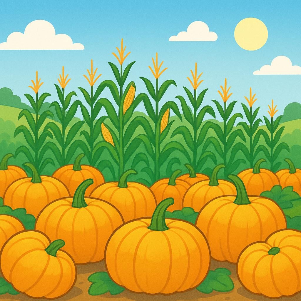 A wide, sunny field filled with abundant, ripe, large yellow pumpkins and tall green corn stalks ready for harvest, signifying a successful yield.