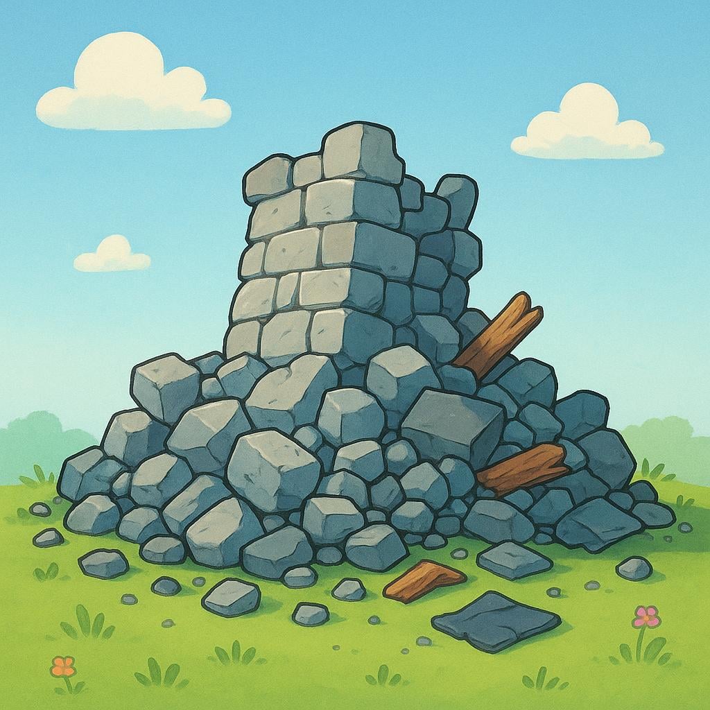 A small, sturdy stone tower that has been completely demolished, lying as a pile of scattered gray rubble on the ground.