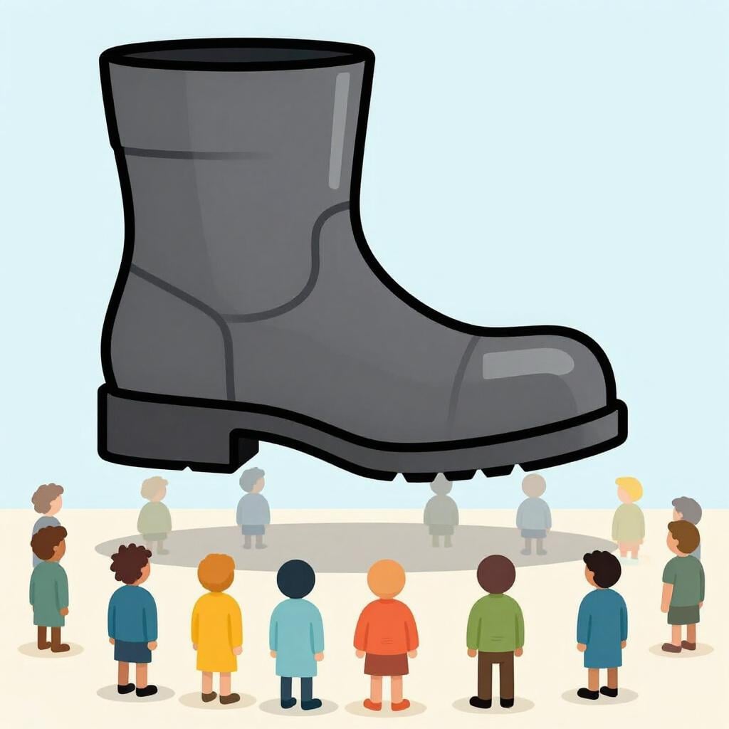 A large, heavy iron boot hovering over a group of tiny, colorful stylized people looking worried.