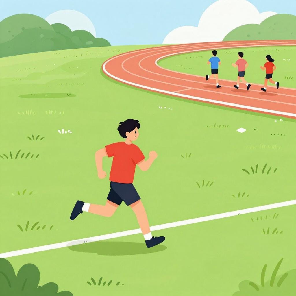 Un atleta che prende una scorciatoia sull'erba mentre altri corrono sul sentiero.