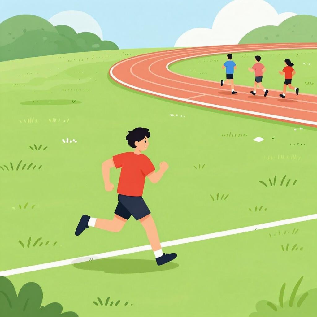 Um atleta pegando um atalho pela grama enquanto outros correm na pista.