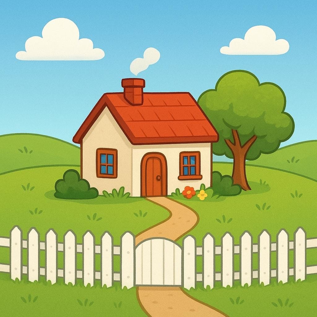 Una piccola tenuta agricola idilliaca e recintata con un cottage accogliente e campi verdi, che rappresenta una proprietà.