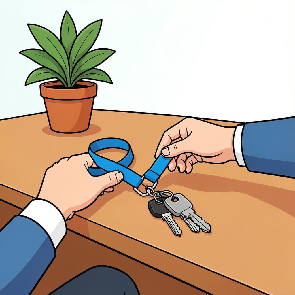A person placing their employee ID badge and a set of keys on an empty wooden desk.