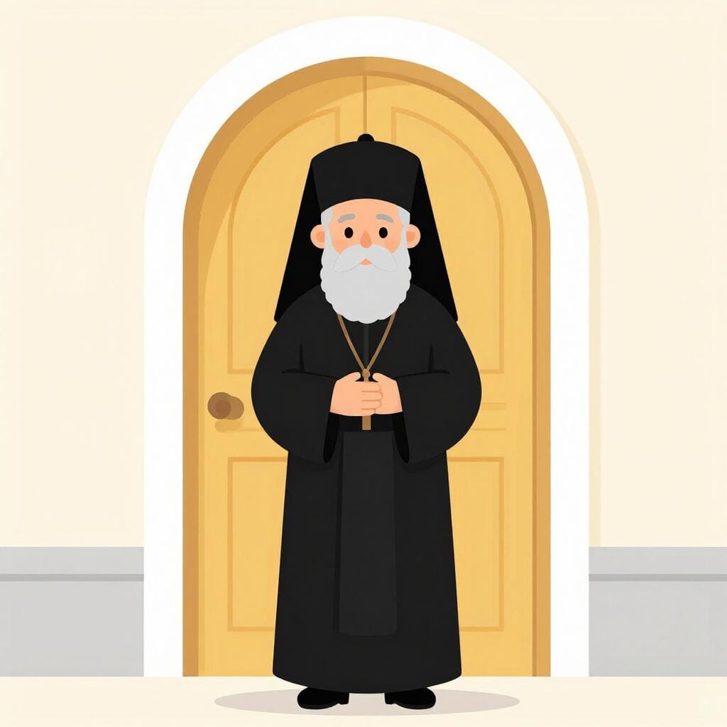 Um padre ortodoxo com uma longa barba, vestindo túnicas tradicionais e um chapéu preto alto.