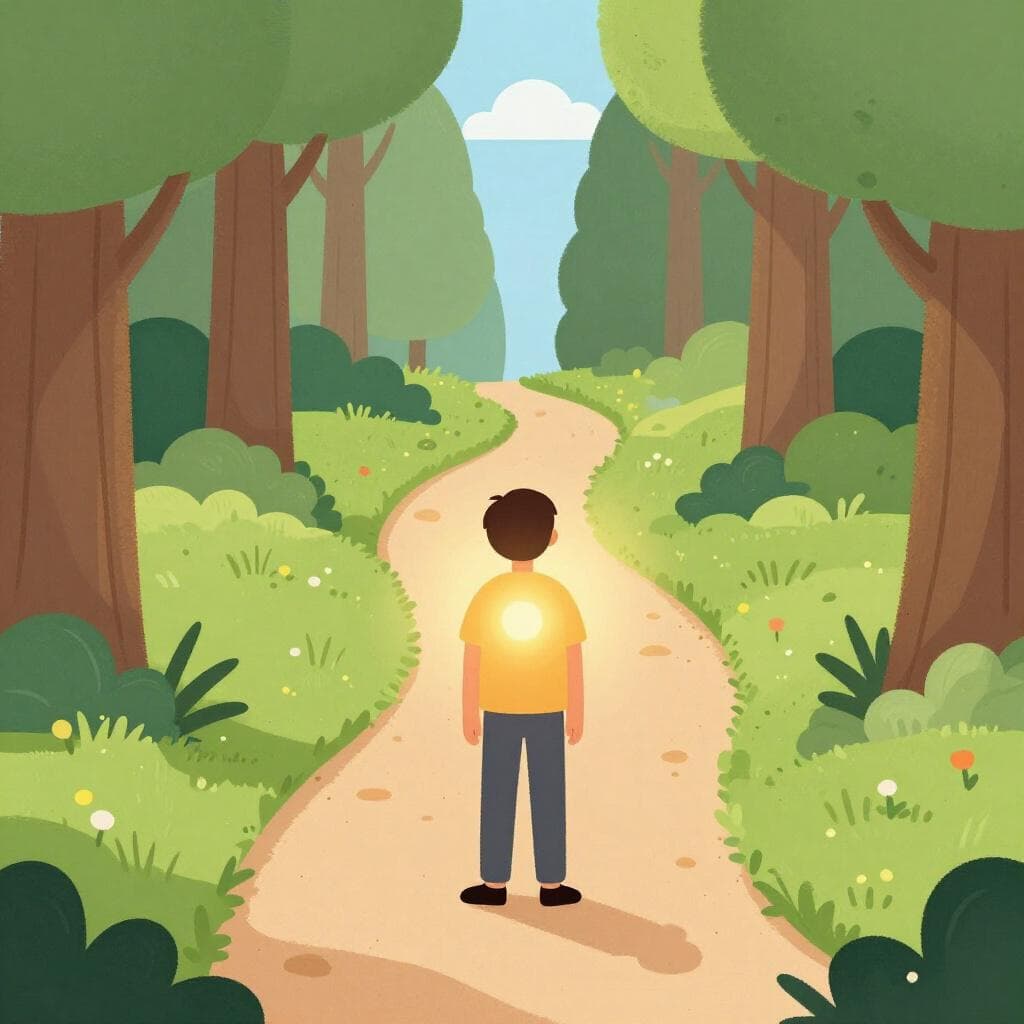 Een persoon die bij een splitsing in een bosrijk pad staat, kijkt naar een van de paden met een zachte, warme gloed die uit hun borst straalt.