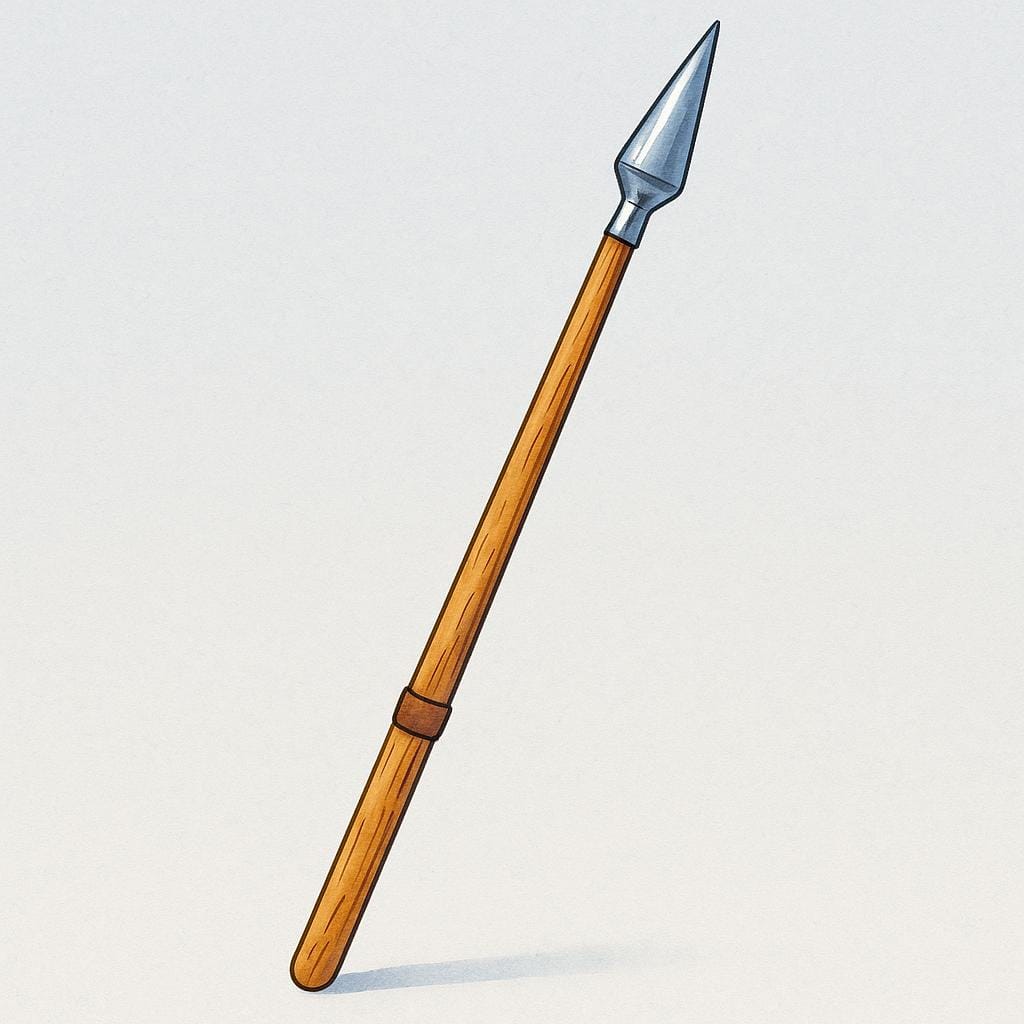 A long, wooden jousting lance with a pointed metal tip is leaning vertically against a simple shield.