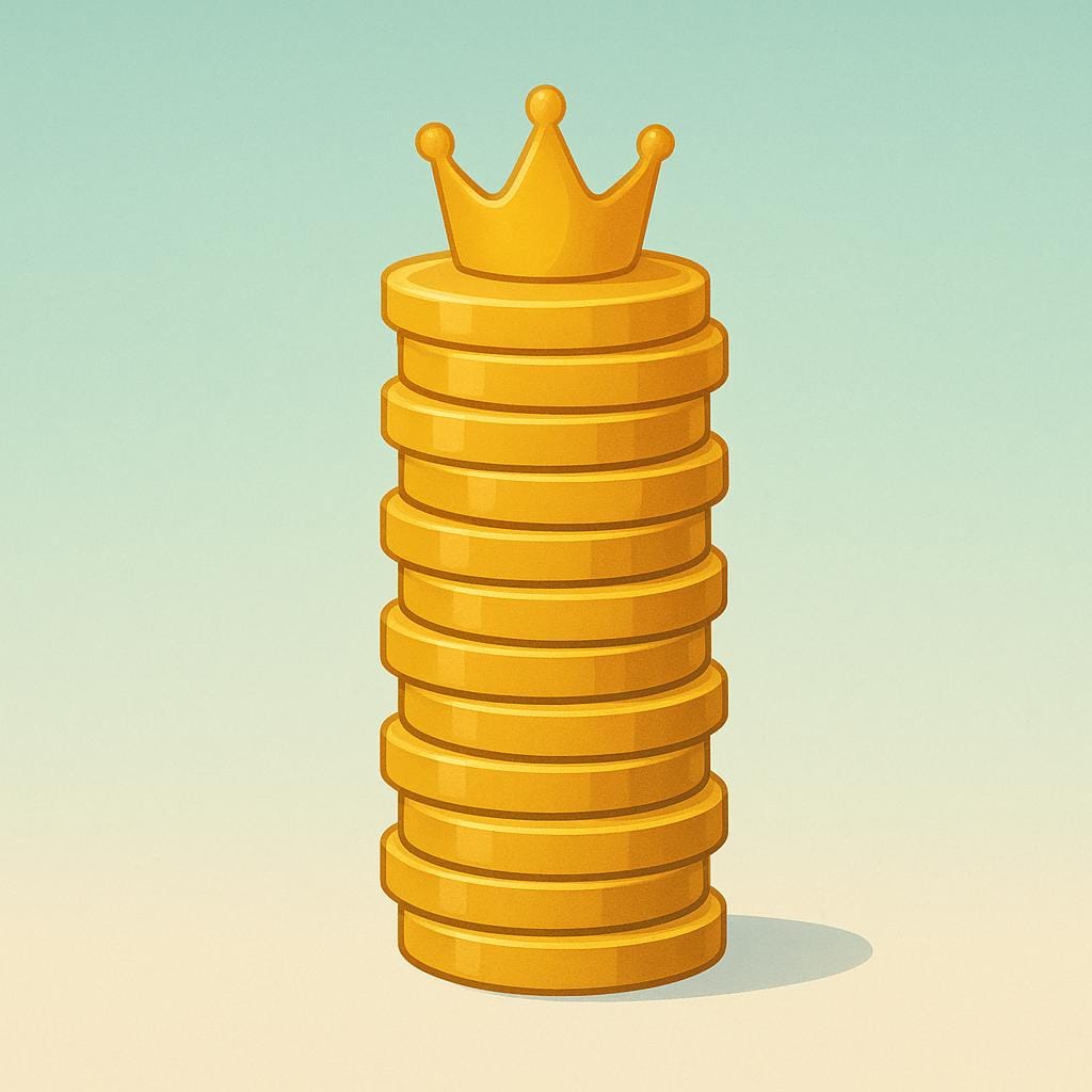 Una pila alta di monete d'oro generiche sormontata da una corona reale stilizzata e semplificata, che rappresenta la valuta.