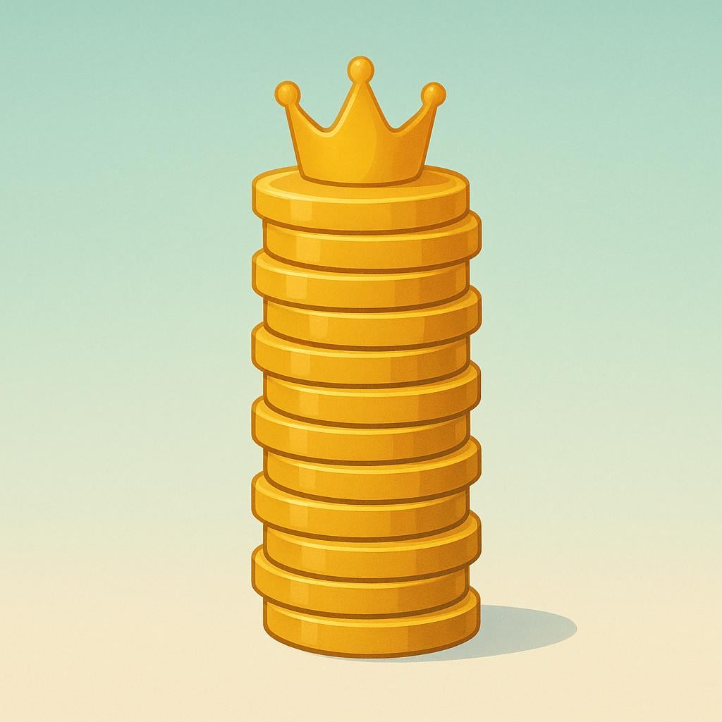Una pila alta di monete d'oro generiche sormontata da una corona reale stilizzata e semplificata, che rappresenta la valuta.