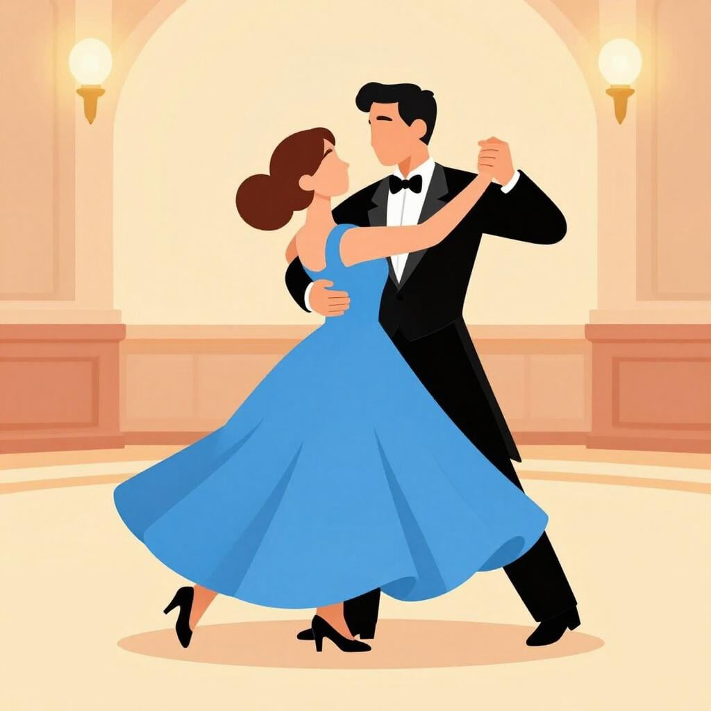 Un couple en tenue de soirée dansant gracieusement ensemble dans une grande salle de bal.