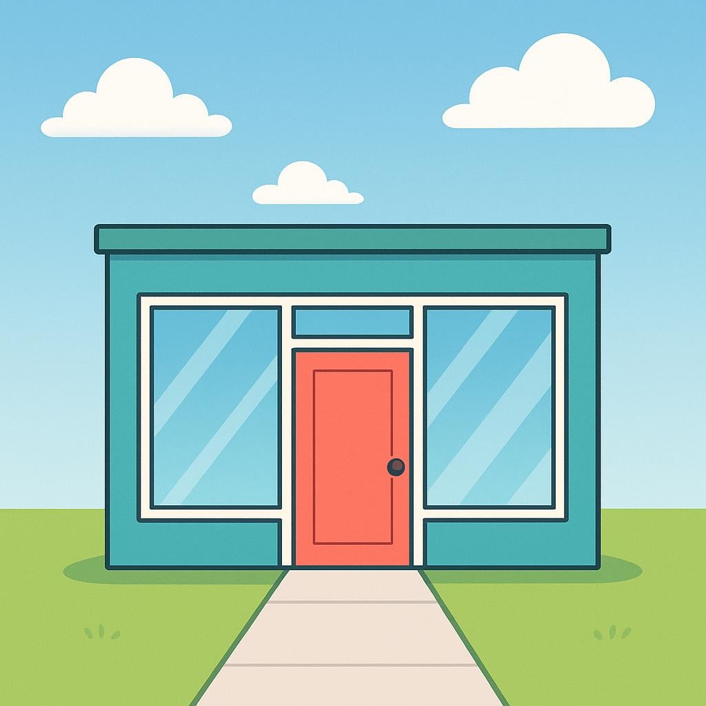 A simple, clean illustration of a small, rectangular office building with large glass windows and a single entrance door, suggesting a business office or organization.