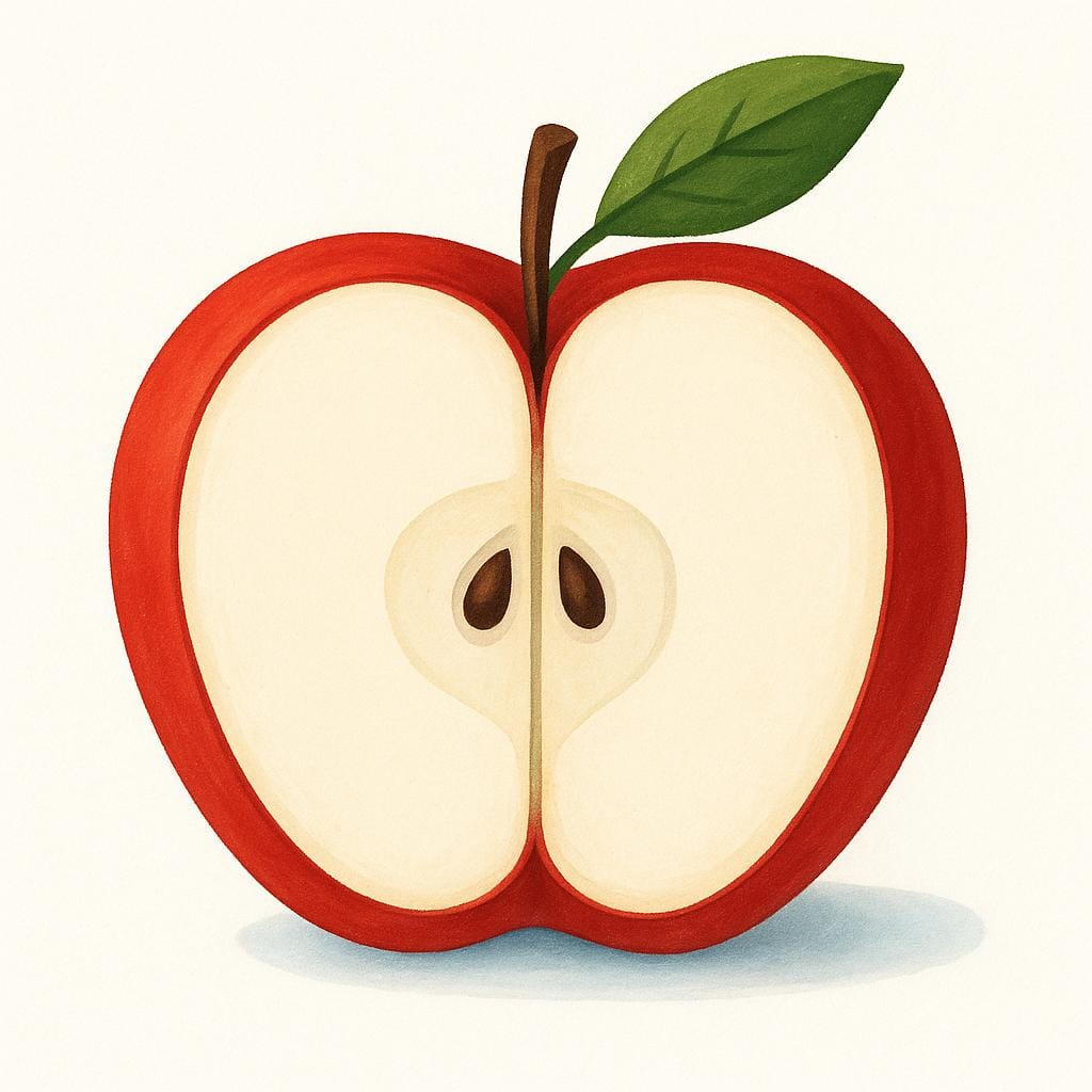 A red apple cut precisely in half, illustrating something split or divided.