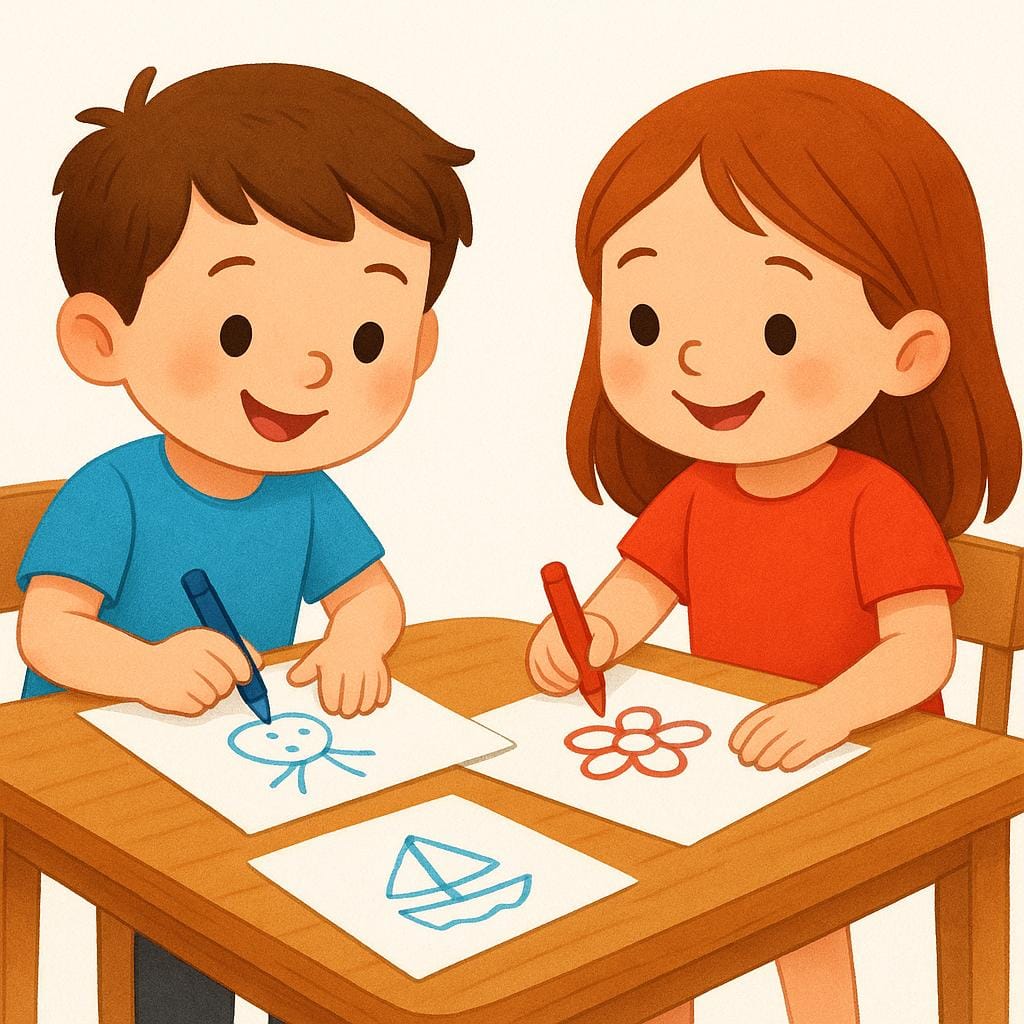 A colorful storybook illustration showing a boy and a girl sitting at a table, each actively using a crayon to draw on paper.