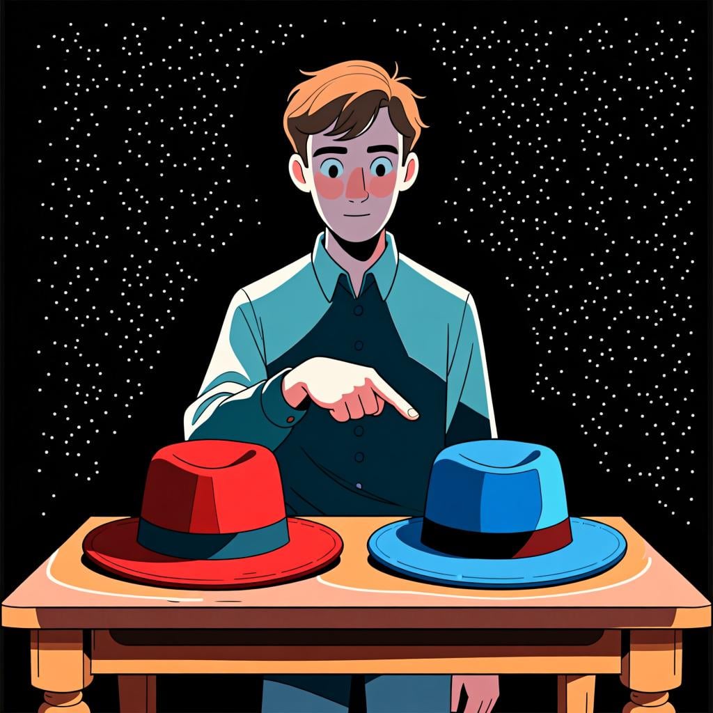 A person deciding between two hats, pointing at the one closer to them to indicate 'this one'.