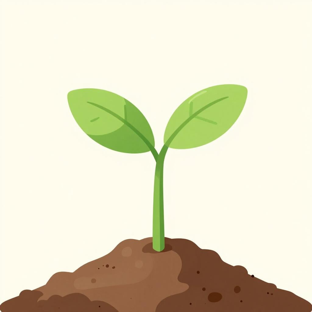A small, bright green sprout growing steadily out of a pile of dark soil.