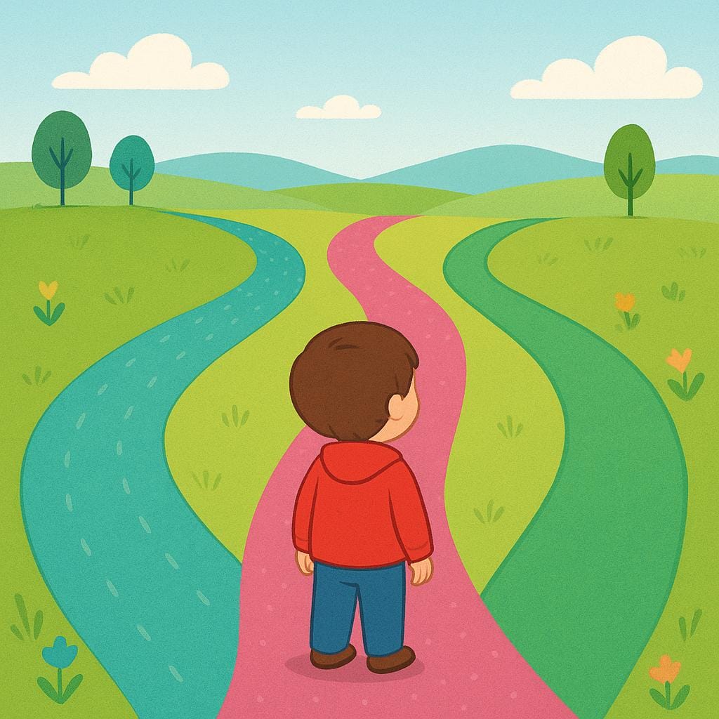 Ein Kind steht an einem Punkt, an dem sich drei unterschiedliche, farbenfrohe Pfade in verschiedene Landschaften verzweigen, was Optionen symbolisiert.