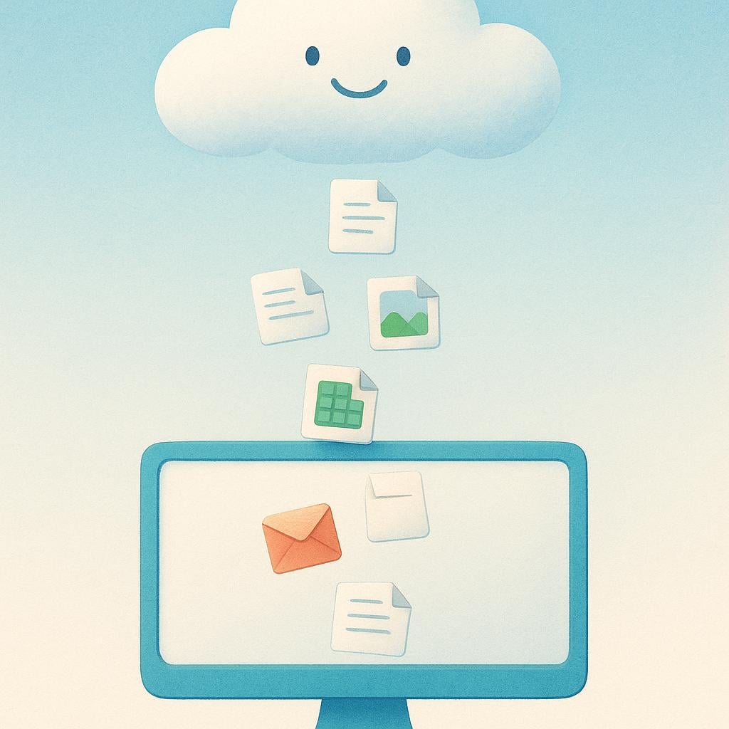 Stylized icons representing photos and documents floating directly upwards from a computer screen toward a large cloud.