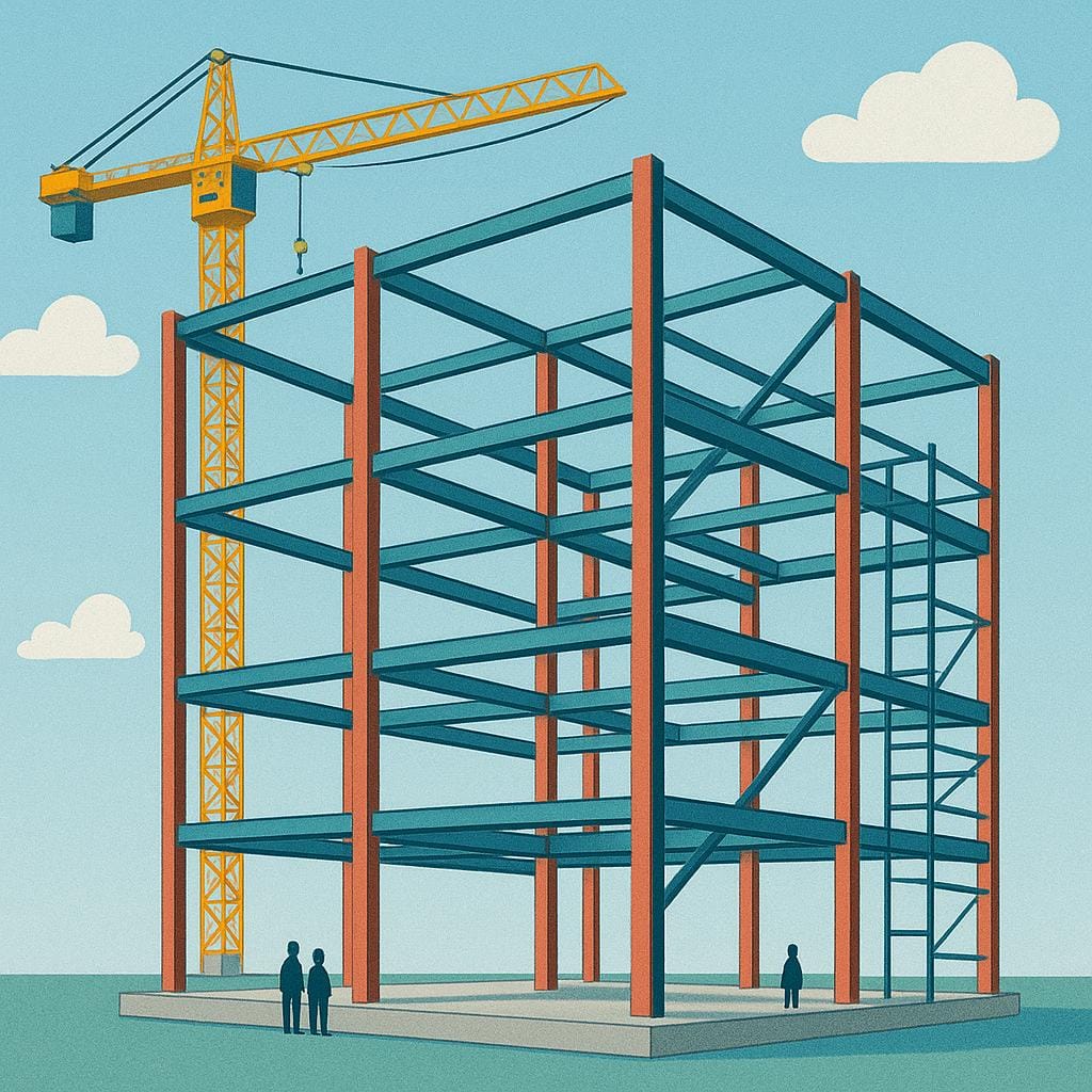 A simple illustration showing the exposed steel beams and support columns forming the skeletal framework of a large building under construction.