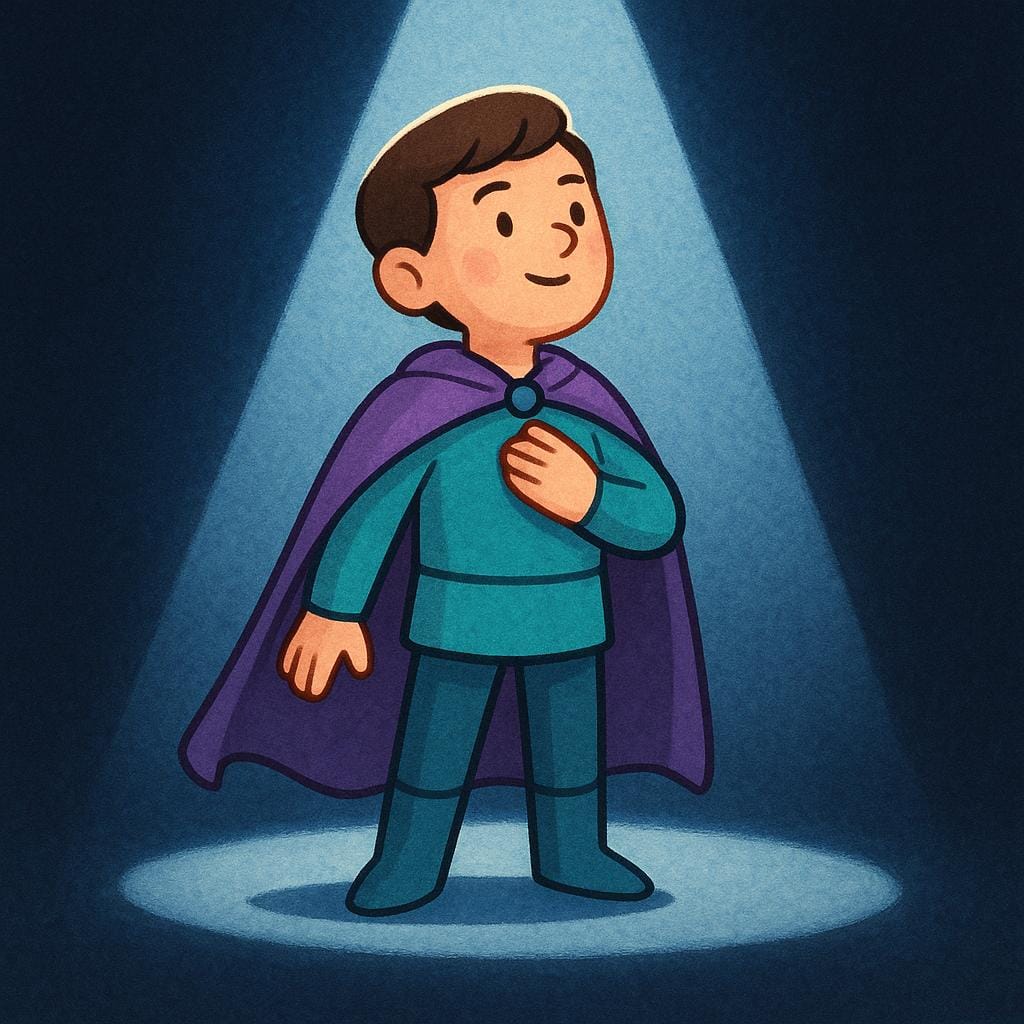 Una figura solitaria che indossa un semplice mantello viola in piedi sotto un riflettore luminoso su un palco buio, a simboleggiare l'interpretazione di un ruolo.