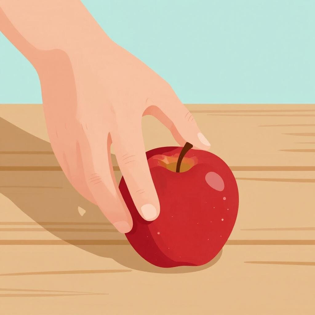 A hand picking up a bright red apple from a wooden table.