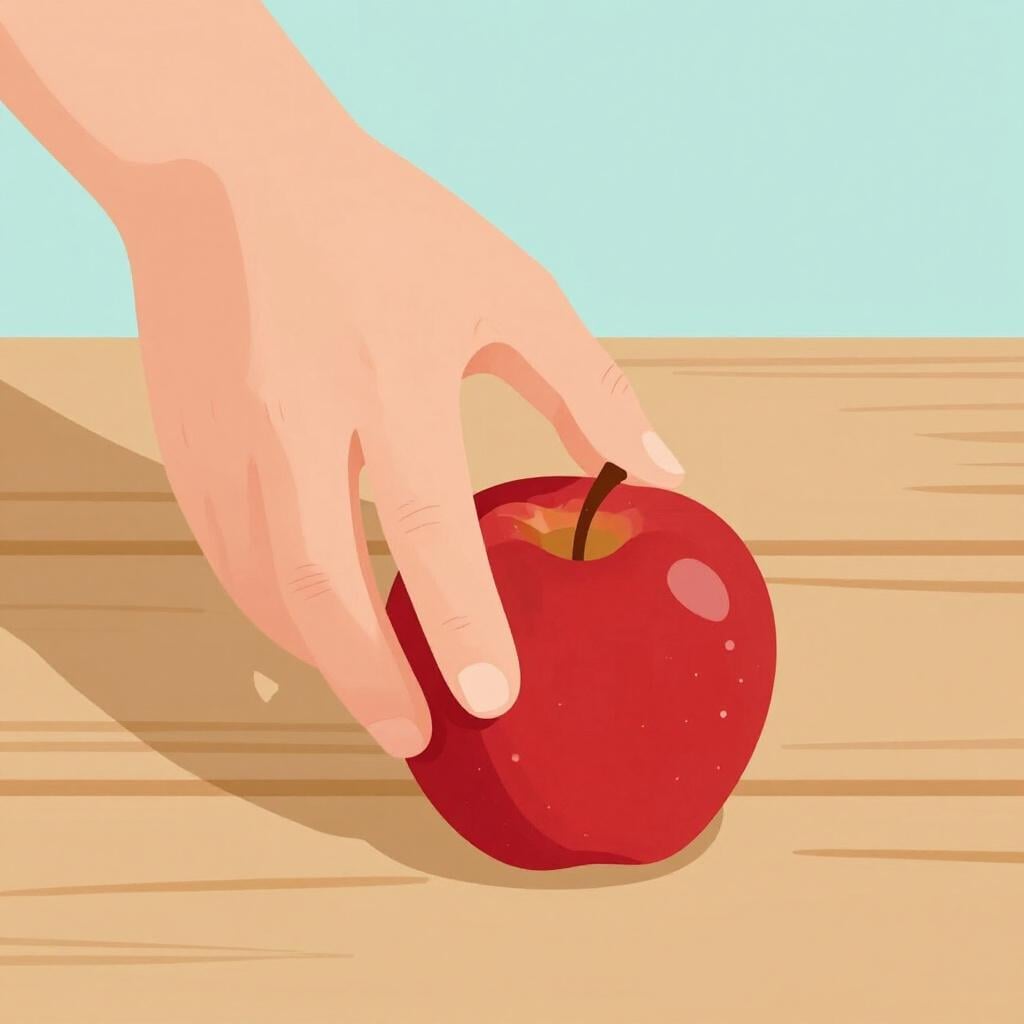 A hand picking up a bright red apple from a wooden table.
