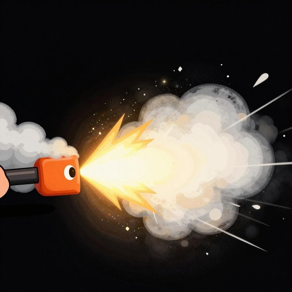 Een plotselinge, heldere oranje flits van licht, vergezeld van een wolkje witte rook, wat de onmiddellijke actie van een afgevuurd wapen symboliseert.