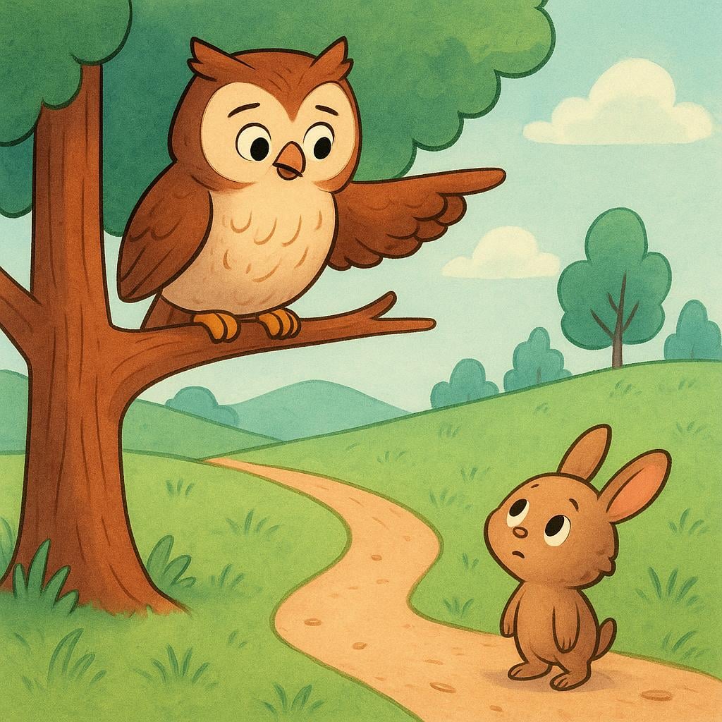 A small rabbit looking confused at a fork in the road, while a wise owl perched on a signpost points its wing decisively toward the correct path, indicating advice.