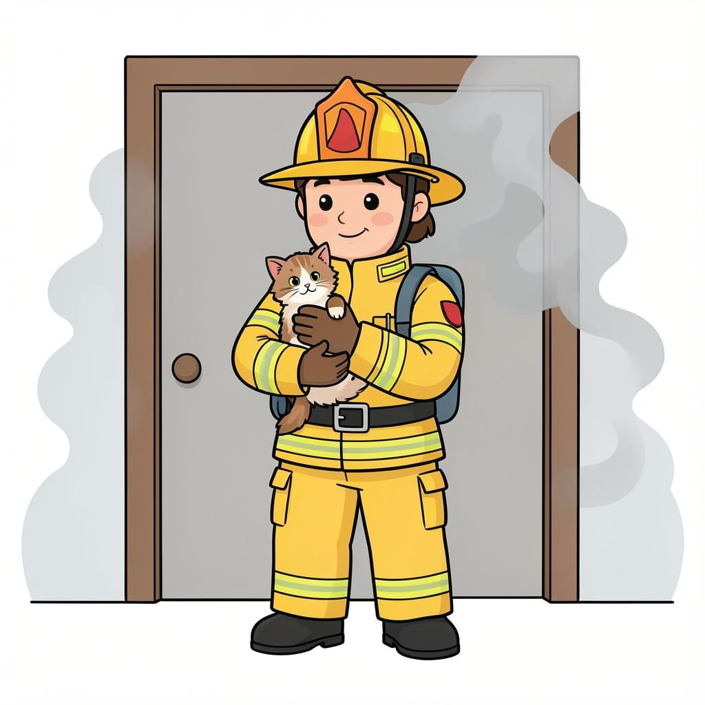 A firefighter gently carrying a small kitten out of a smoky doorway.