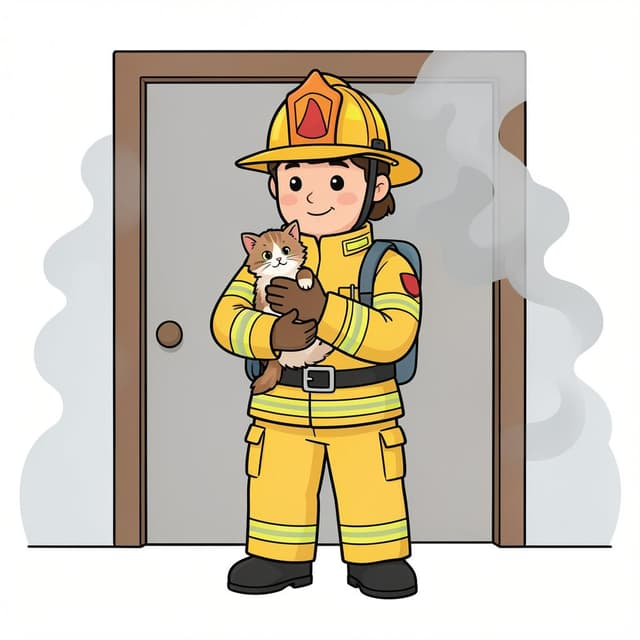 A firefighter gently carrying a small kitten out of a smoky doorway.