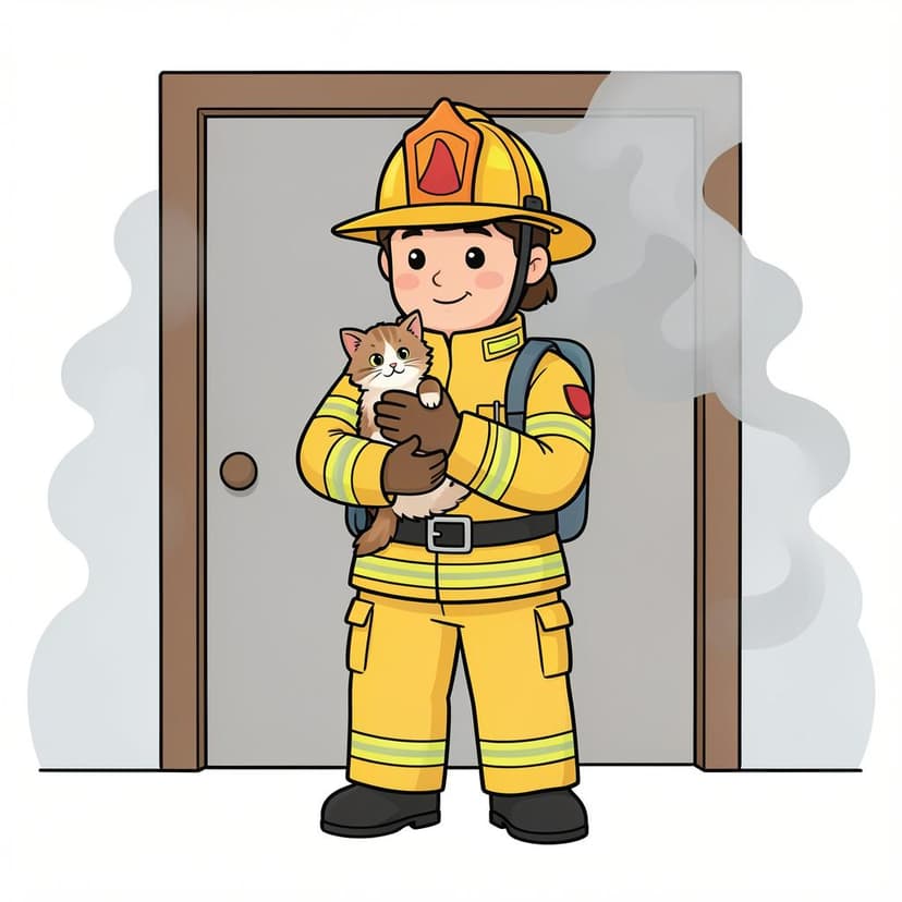 A firefighter gently carrying a small kitten out of a smoky doorway.
