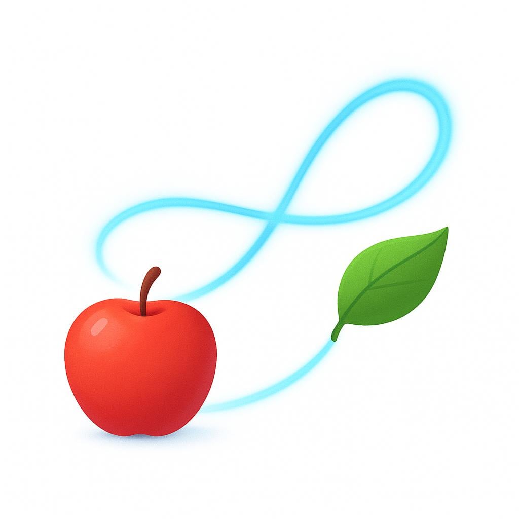 A red apple and a green leaf floating side-by-side, connected by a simple, glowing, curved blue line, symbolizing a connection or link.