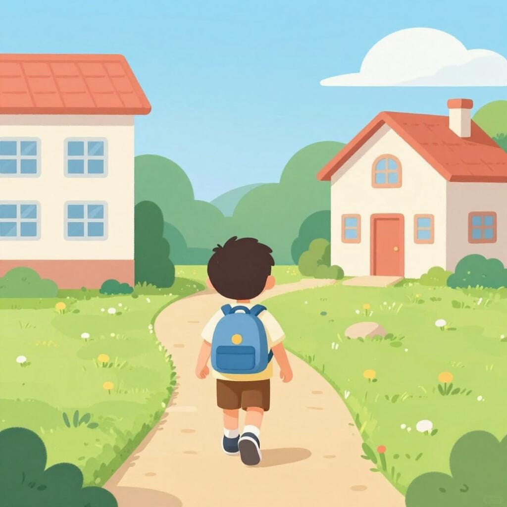 A student with a backpack walking away from a school building toward a small house.