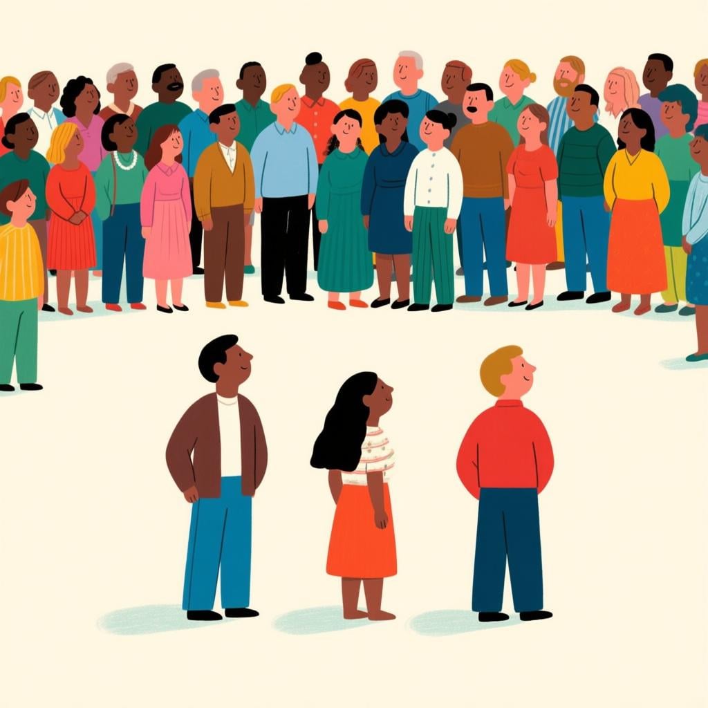 A diverse crowd of people standing in a large group. A small, distinct group of three individuals is standing slightly apart from the main crowd.