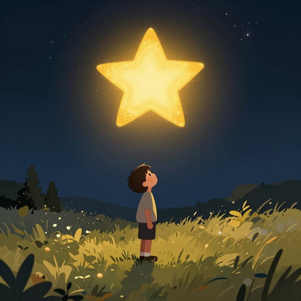 A person looking up at a bright, glowing star with a hopeful and trusting expression.