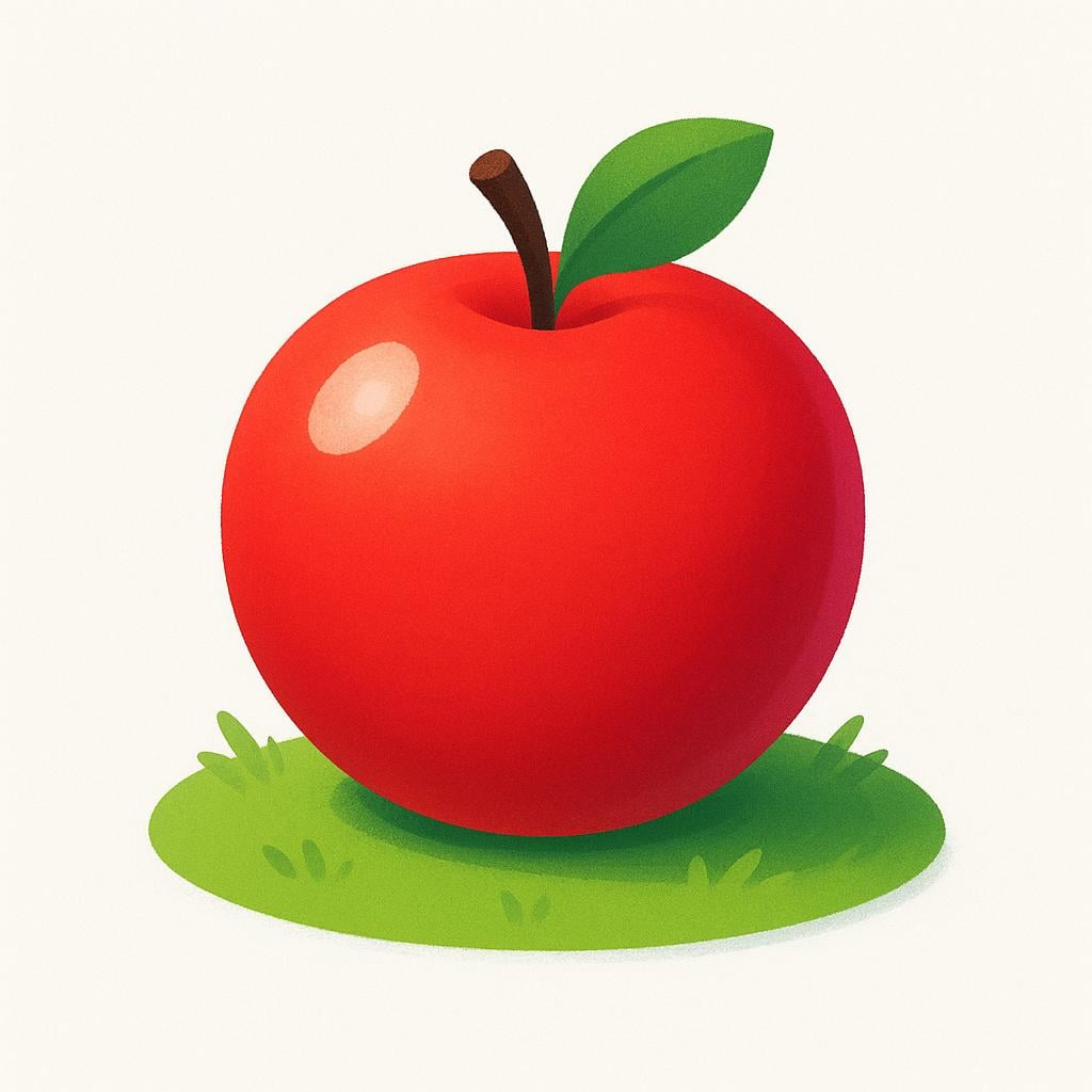 A single, bright red apple resting on a small patch of vibrant green grass under a clear sky, symbolizing simple existence.