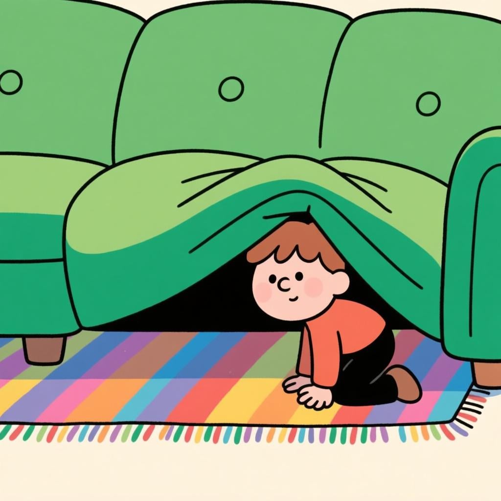 A person kneeling down, peering under a sofa, searching for a lost item.