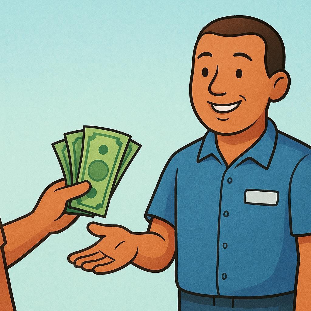 A person happily receiving payment in the form of paper money from an employer.