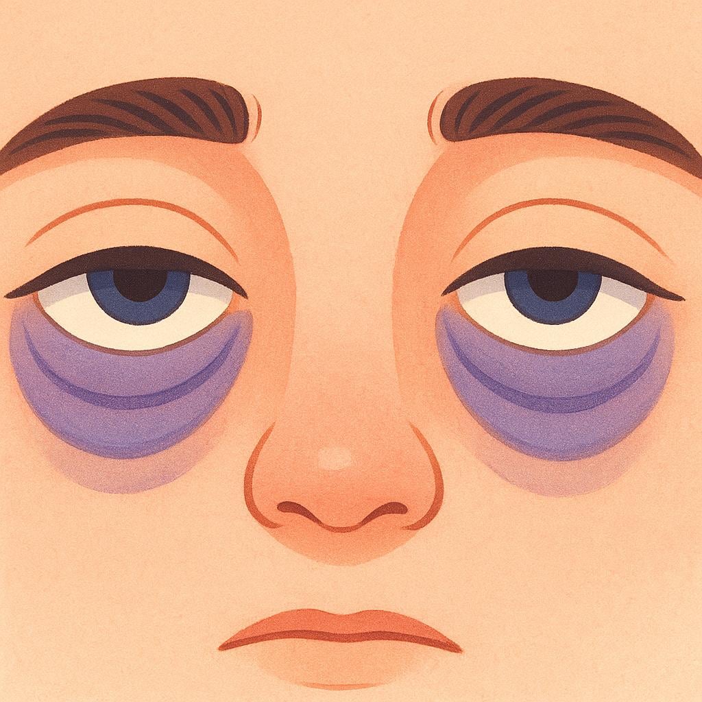 A close-up illustration of a person's face showing distinct puffiness and dark shadows under both eyes, suggesting fatigue.