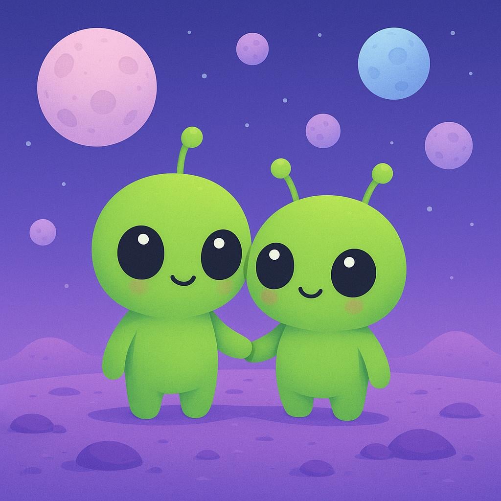 Illustration of two small, friendly green aliens with large black eyes standing on a colorful, purple planet surface under a starry sky.